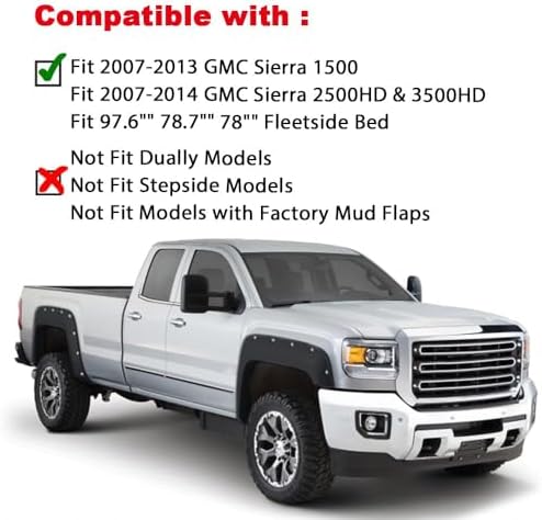 4pcs CNNELL Fender Flares Compatible With 2007-2013 GMC Sierra 1500 All Beds Smooth Black Pocket Rivet Style Paintable Wheel Flares Set