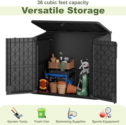 36 cu ft resin outdoor storage shed, weatherproof, side view