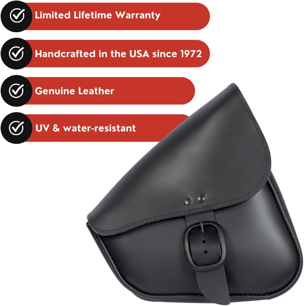 Black Leather Motorcycle Swingarm Bag For Sportsters/Dual Shock Models - Matte Black Buckle - Made In USA By Willie And Max [PN:59906-00]