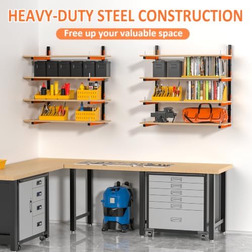 lumber storage rack, wall mount removable & adjustable, front angle view