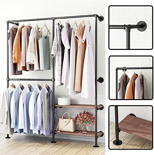 industrial pipe clothes racks with black shelves, industrial showing dimensions