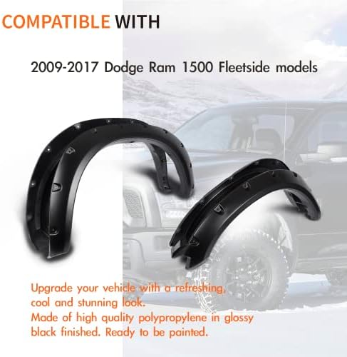 PIT66 Fender Flares 4 PCS Compatible With Dodge Ram 1500 2009-2018 Fit Dodge Ram 1500 Classic 2019-2022 (Excludes R/T & Rebel) Smooth Matte Pocket Riveted Style Wheel Flares Set Black
