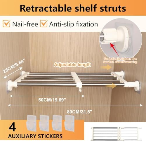 baoyouni closet tension shelf adjustable organizer 19.7-31.5" ivory, close-up detail