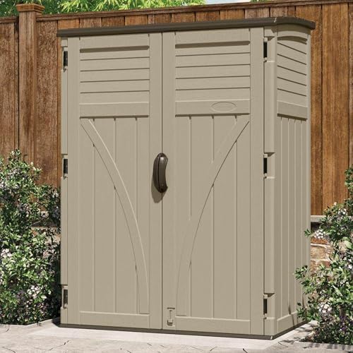 suncast outdoor storage shed, water resistant resin vertical shown in use