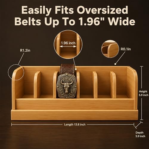 minboo bamboo belt organizer box,6 grids belt rack, close-up detail
