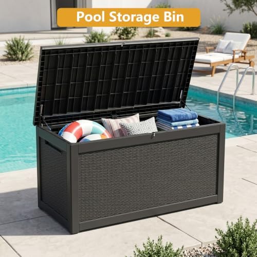 380 gallon outdoor storage box waterproof lockable deck showing dimensions
