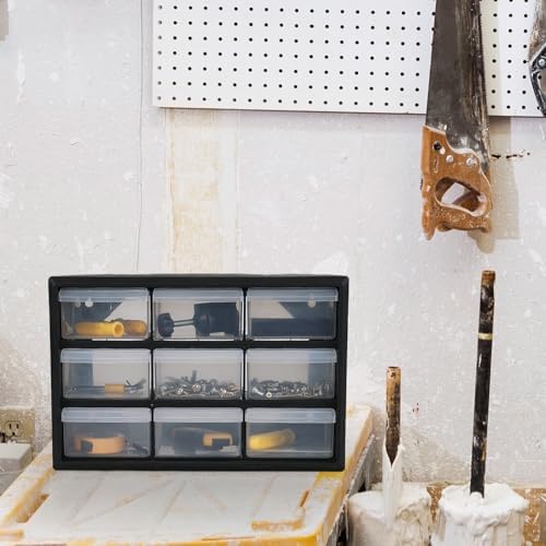 sadstory 9-drawer plastic drawer storage cabinet for garage on a desk or shelf