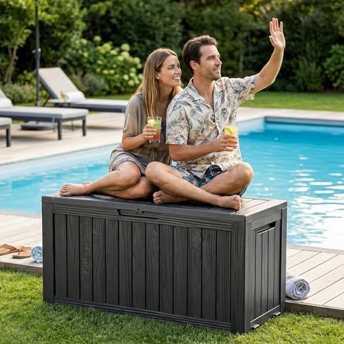 drato 135 gallon deck boxes outdoor waterproof storage showing dimensions