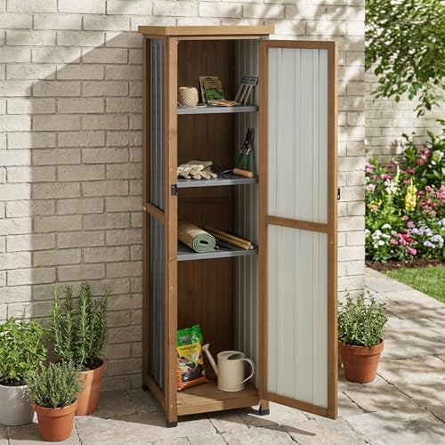 tall outdoor storage cabinet, weatherproof wooden garden potting shown in use