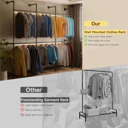 industrial pipe black clothing racks wall mounted, rustic, side view