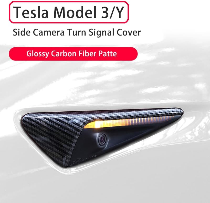for Tesla Model 3/Y HW3.0 Turn Signal Side Camera Protection Cover Decoration Accessories fit for 2017-2023 Tesla Model 3 and 2020-2023.6 Tesla Model Y (Glossy Carbon Fiber Pattern)