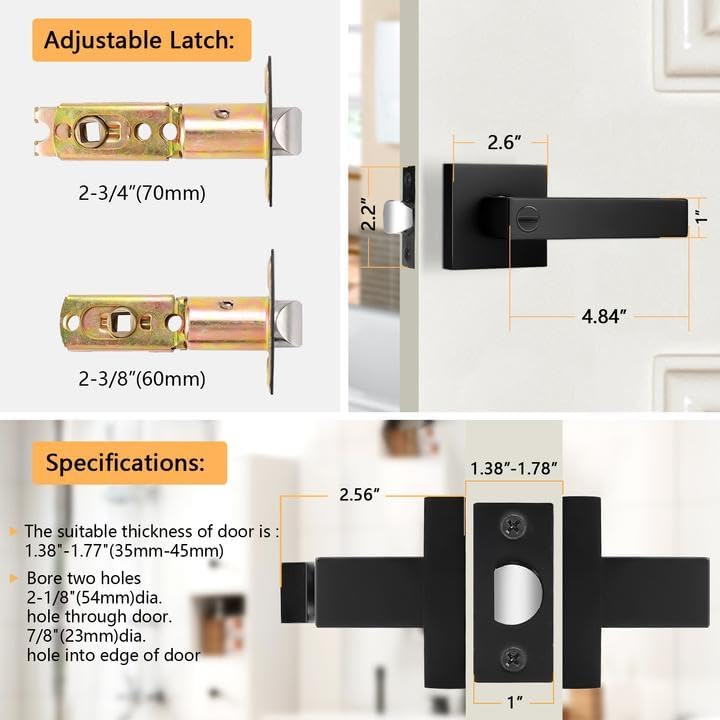 probrico matte black interior door handles, privacy square, front angle view