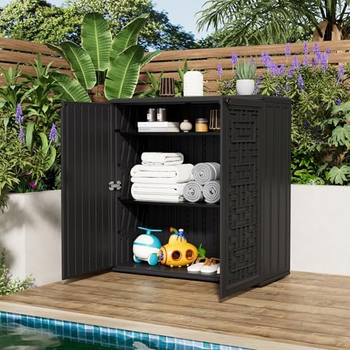 mrosaa outdoor storage cabinet waterproof with shelf,resin storage on a desk or shelf