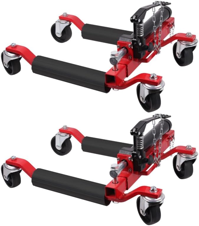 Hydraulic Wheel Dolly Set of 2, 3000 LBS Capacity Car Dolly with Hydraulic Tire Jack, 1500 LBS Per Dolly, 360° Swivel Casters for Vehicle Positioning and Auto Repair for Truck RV Trailer, Red