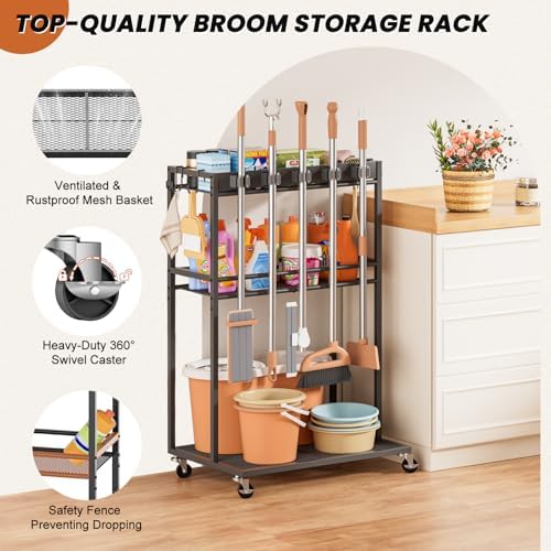 broom holder with cleaning supplies organizer, broom closet showing dimensions