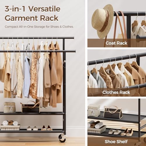 hyseyy clothes rack,double rods rolling clothing rack for, close-up detail