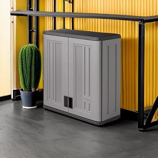 suncast 4 cu. ft wall mounted garage cabinet shown in use
