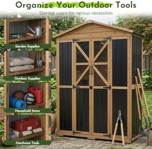 outdoor wooden storage shed cabinet with 6 adjustable, front angle view