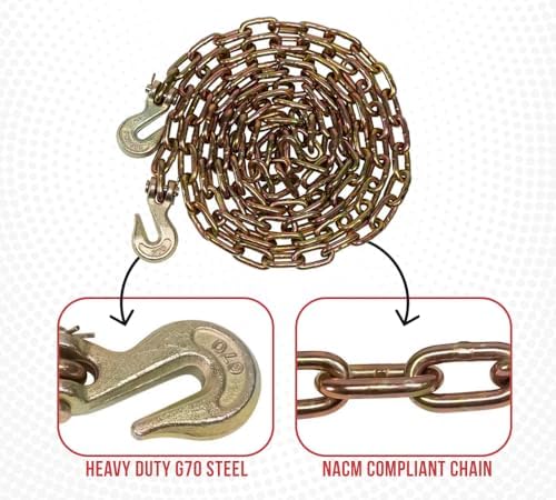 Mytee Products 1/4" x 12' Transport Binder Chain Grade 70 with Grab Hook - 3150 LBS WLL Transport Binder Tow Chain with Hooks - Towing Equipment - Gold Chromate