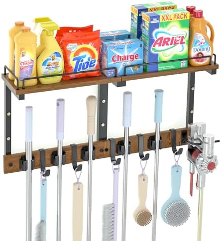broom and mop organizer wall hanging with cleaning, main product view