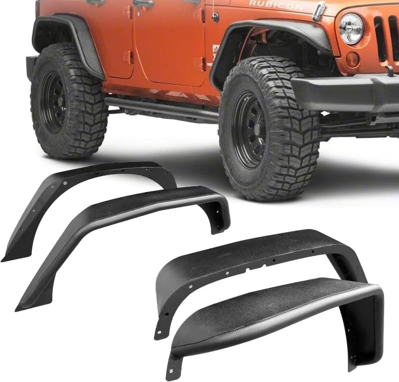 MODnGO Heavy Duty Steel Fender Flares for 2/4 Doors Jeep Wrangler 2007-2018 JK & JKU - On Bolt Quick Installation, Anti-Rust, Rock Guard in Off-Road Outdoor Adventures, 4 PCS Front & Rear Fenders