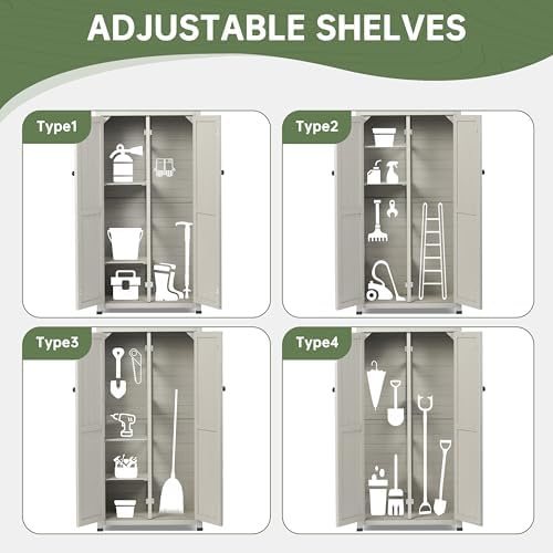 outdoor storage shed with floor & adjustable shelves showing dimensions