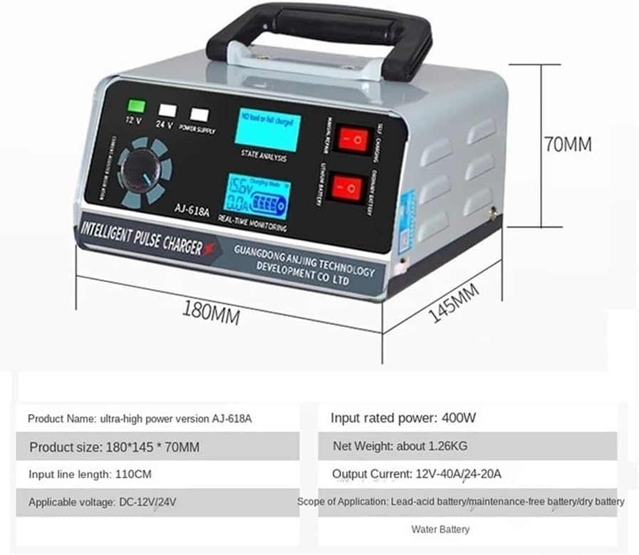 Smart 12V 24V 40A 400W Battery Charger for Cars, Trucks, Ships & Motorcycles, Pulse Repair, Trickle Charge(EU Plug)