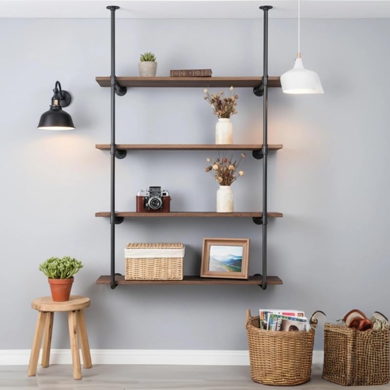 industrial pipe shelving system with 4 tiers, black, side view