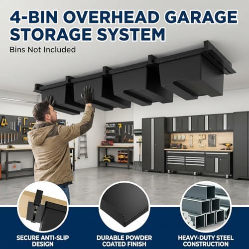 overhead garage storage rack, ceiling mounted tote storage, side view
