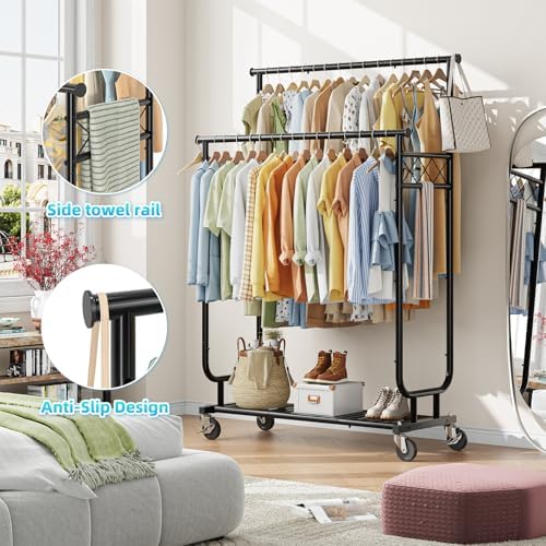 ekisemio heavy duty clothes rack, rolling clothing rack showing dimensions