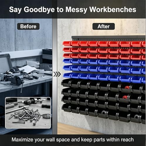 wall mounted storage organizer bins with rack, nuts, close-up detail