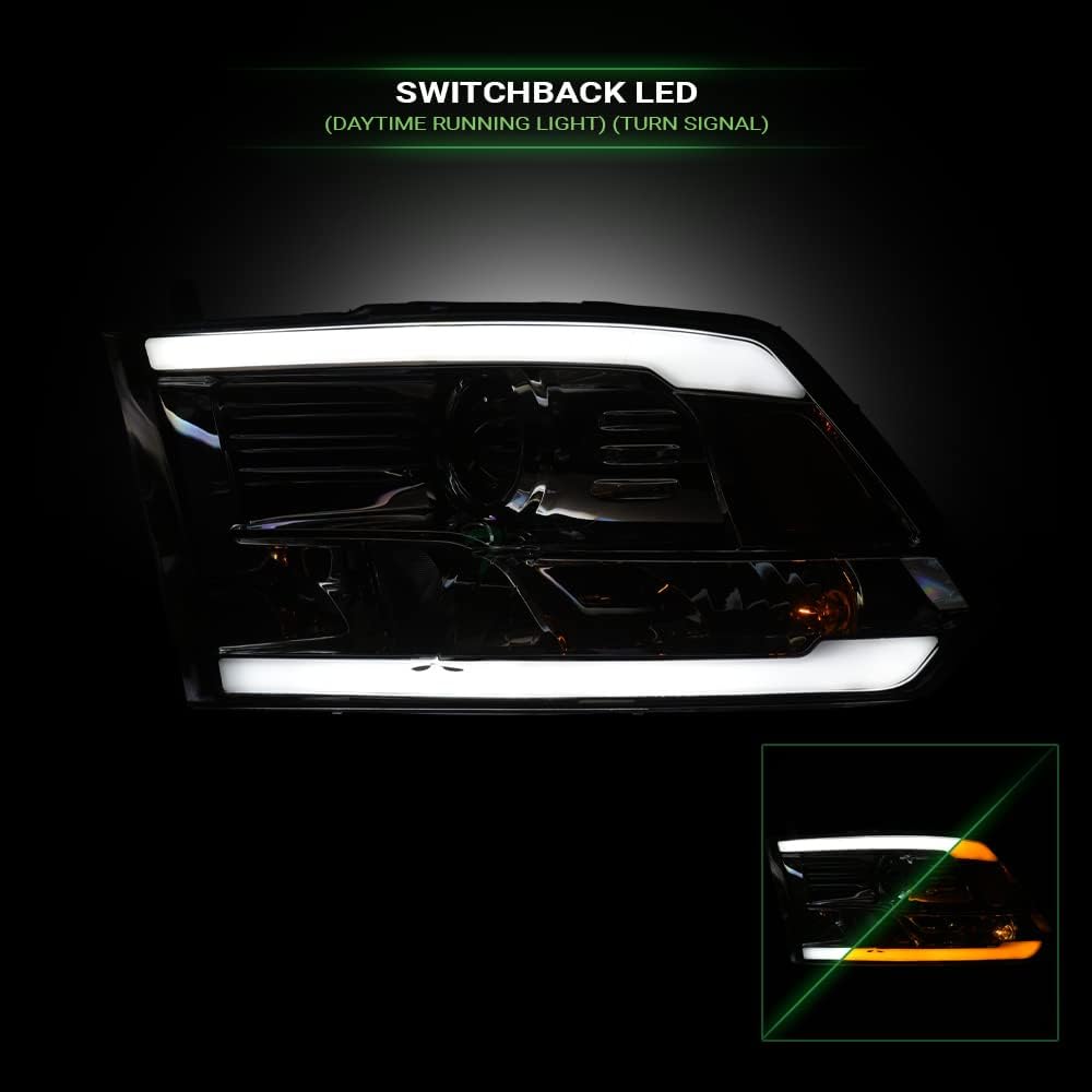 Switchback Sequential LED Strip Tube Bar Chrome Housing Projector Headlights Signal Lamps Amber Reflector nb Compatible With 09-18 Dodge Ram 1500/19-24 Classic / 10-18 2500 3500