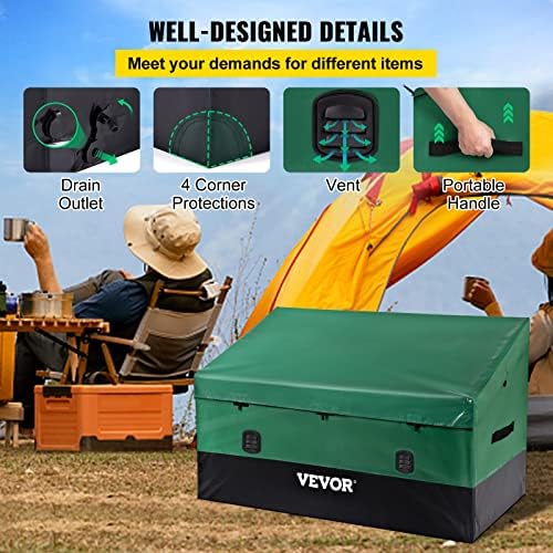 vevor outdoor storage box, 230 gallon waterproof pe showing dimensions