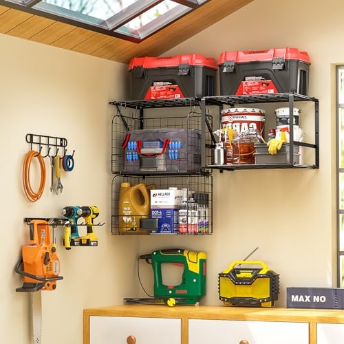 threehio garage shelf wall mounted with wire baskets shown in use