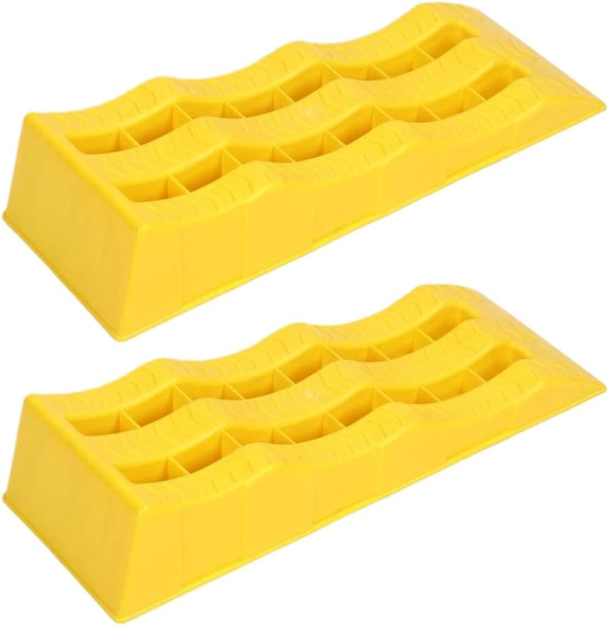 RV Camper Leveling Blocks Ramps 3-Stage Yellow Trailer Wheel Chocks for Stabilizing Uneven Ground – Pair