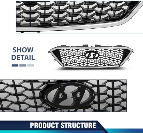 PIT66 Front Bumper Upper Grille Fit Hyun.dai Sonata 2015-2017 | Fits 2015-2017 Sonata Models Without Radar Hole, Black and Chrome Finish, Direct Replacement
