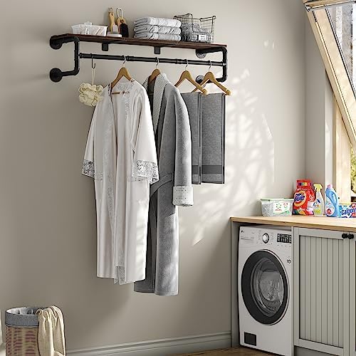 industrial pipe clothes rack with top shelf and, close-up detail
