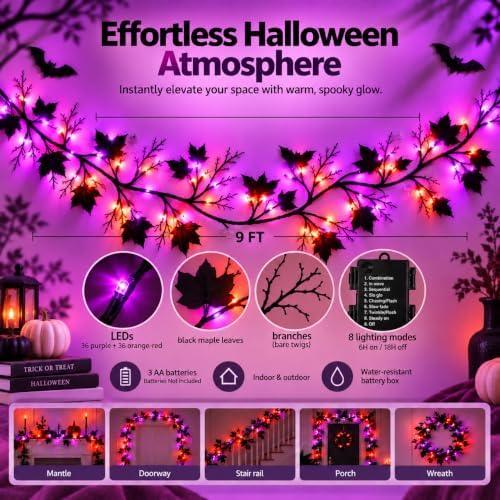 Halloween Garland with Orange & Purple Lights, 9 FT Black Maple Leaves