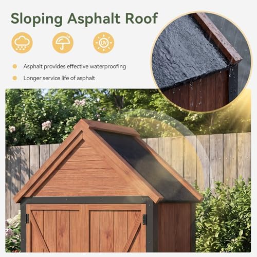 aoxun wood outdoor storage cabinet with floor 2.5'x1.4' showing dimensions