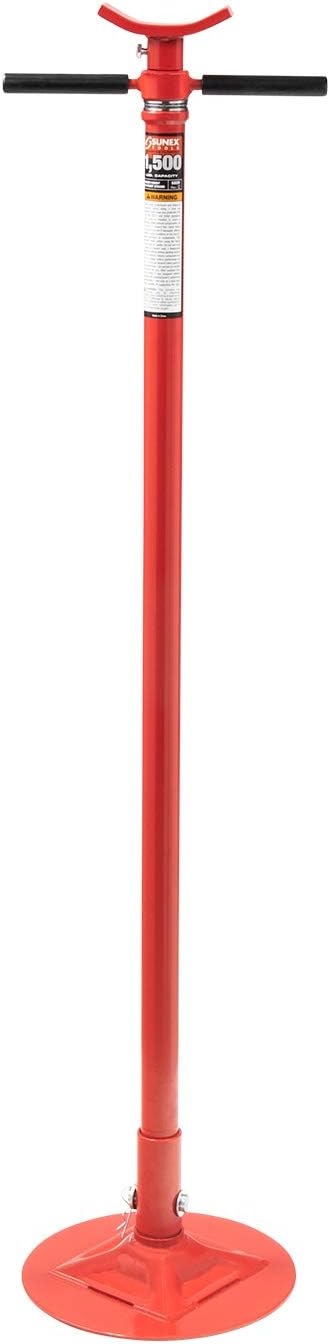 Sunex 6809A, Underhoist Support Stand, ¾ Ton Capacity, 12 Inch Diameter Base, Contoured Saddle, Bearing Mounted Spin Handle, Self-Locking ACME Threaded Screw, Supports Vehicle Components