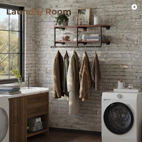 industrial pipe clothing rack with top shelf, space-saving shown in use