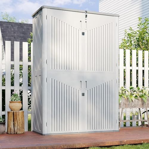 aoxun outdoor storage shed, 64 cu.ft vertical resin, front angle view