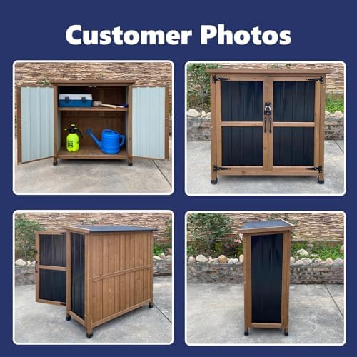 wood & metal outdoor storage cabinet with waterproof shown in use