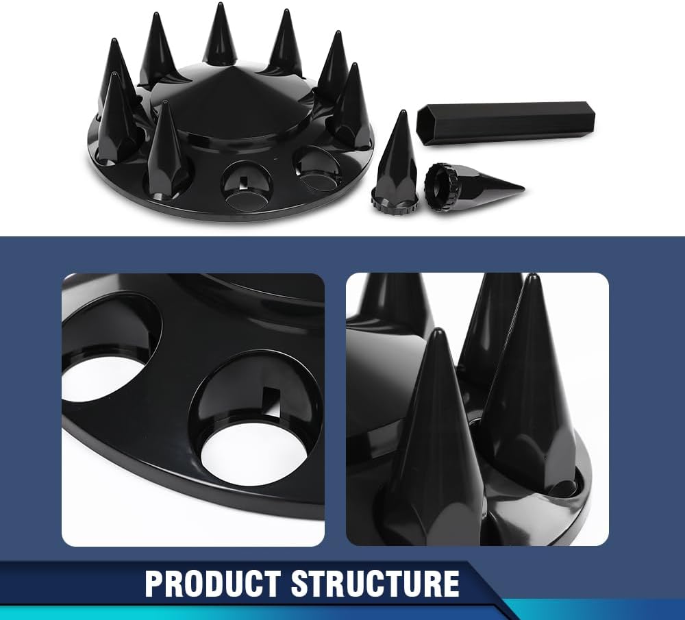PIT66 Front Semi Truck Front Wheel Covers Fit 22.5 24.5 Inch Wheels Black | Pair Satin Black Hub Caps with 33mm Spikes & Lug Nut Covers for Semi Trucks. Fits Front Wheels 22.5" and 24.5"