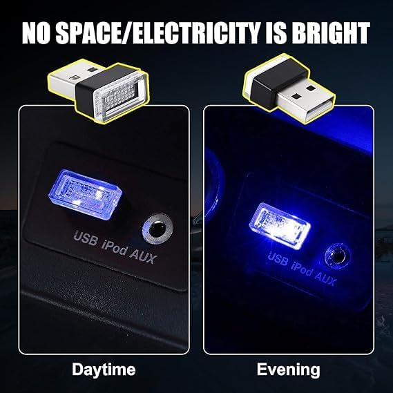 USB LED Car Interior Atmosphere Lamp, Portable Mini LED Night Light, Plug-in USB Interface Trunk Ambient Lighting Kit, Universal Interior Accessories for Most Vehicles (4PCS,Ice Blue)