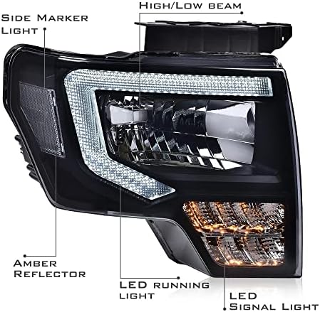 PIT66 LED DRL Headlights Assembly Fit 2009-2014 Ford F150 faros delanteros | Smoke Lens, Black Housing, Clear Reflector, Driver & Passenger Side Head Lamps