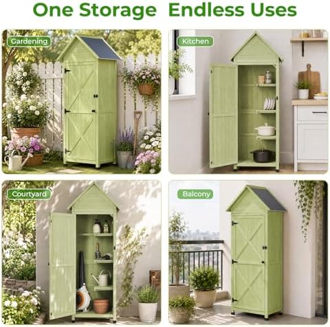 wooden outdoor storage cabinet,tall vertical garden tool shed on a desk or shelf