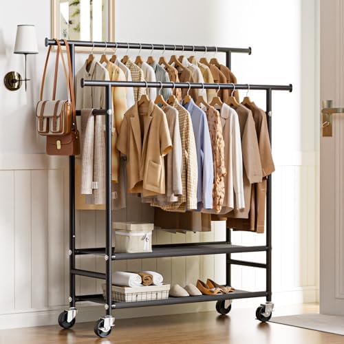 hyseyy clothes rack,double rods rolling clothing rack for, front angle view