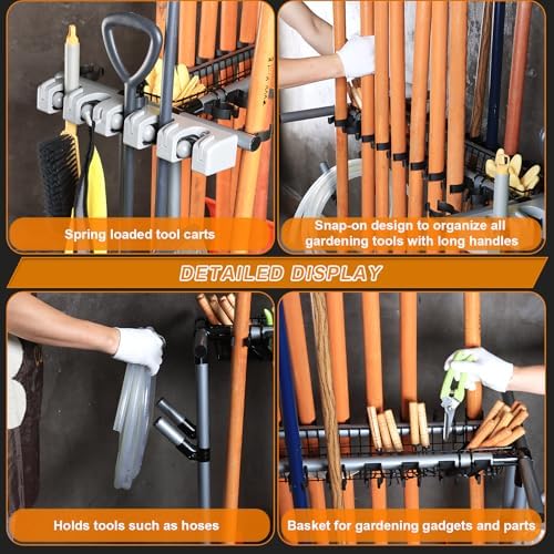 garden tool storage rack with wheels heavy-duty organizer, side view