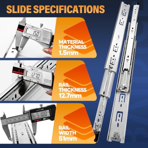 1 pair heavy duty locking drawer slides with showing dimensions